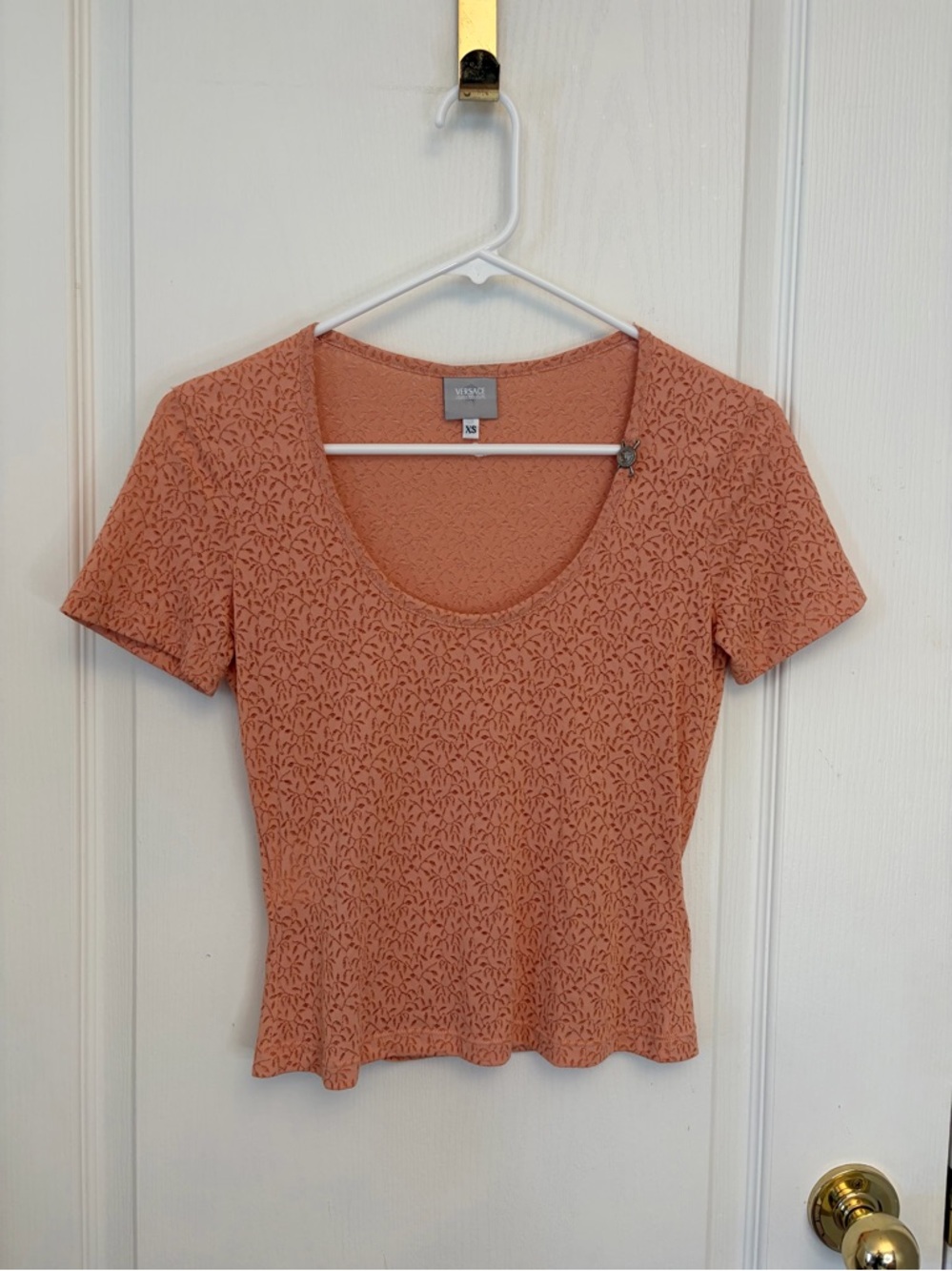 Peach Textured Top XS | Versace Label | Fitted Feminine Soft Tee